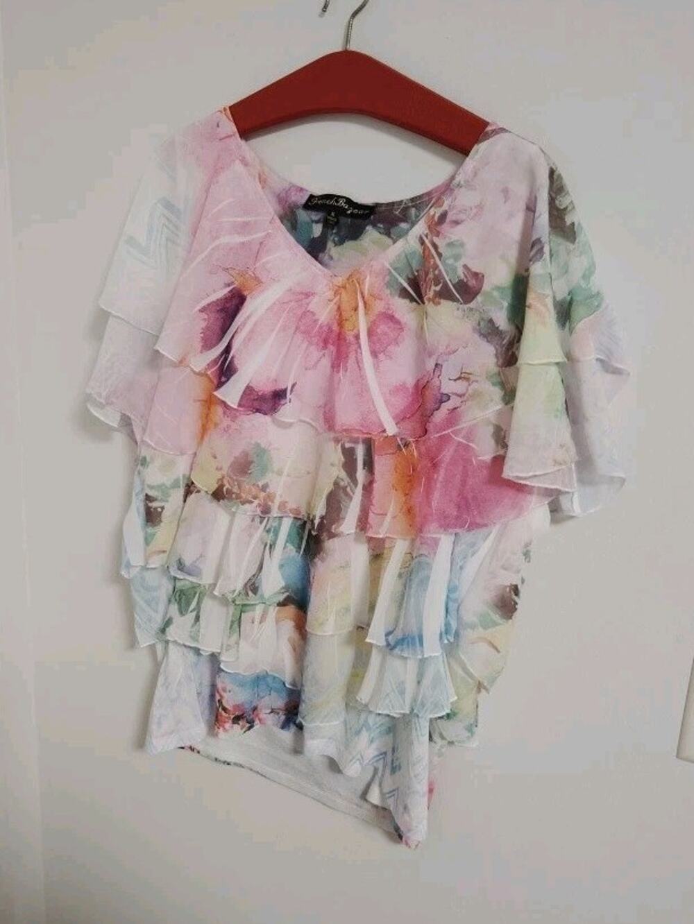 Floral Blouse Layers Flutter Sleeve Pastels Artsy Boho Size XL French Bazaar